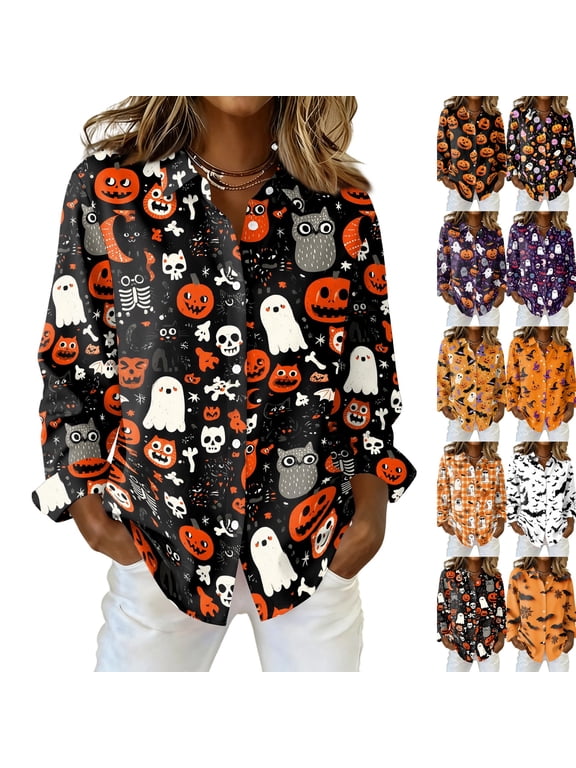 Halloween Cute Goast Pumpkin Collared Button Down Long Sleeve Shirts for Women Loose Fit Casual Blouses Lightweight Tops Autumn Daily Outfits,L,Ginger