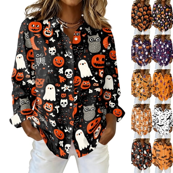 Halloween Cute Goast Pumpkin Collared Button Down Long Sleeve Shirts for Women Loose Fit Casual Blouses Lightweight Tops Autumn Daily Outfits,M,Ginger