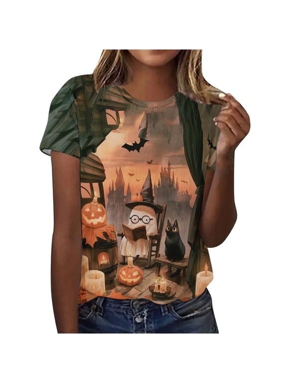 Halloween Cute Graphic T-Shirt for Women Crew Neck Short Sleeve Loose Casual Tops Fall Tees Multicolor S