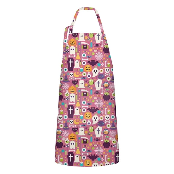 Halloween Cute Icons on Pink Apron-Garden Aprons for Women with Pockets-Cotton Linen Waterproof Kitchen Cooking Gardening Aprons Adjustable for Kitchen,Cooking,BBQ and Salon 32"x27"