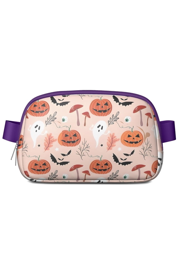 Halloween Cute Icons on Pink Pattern Cute Fanny Packs for Women,Travel Waterproof Crossbody Fanny Bags Waist Purse for Women Anti Theft Adjustable Strap for Running Travel Cycling