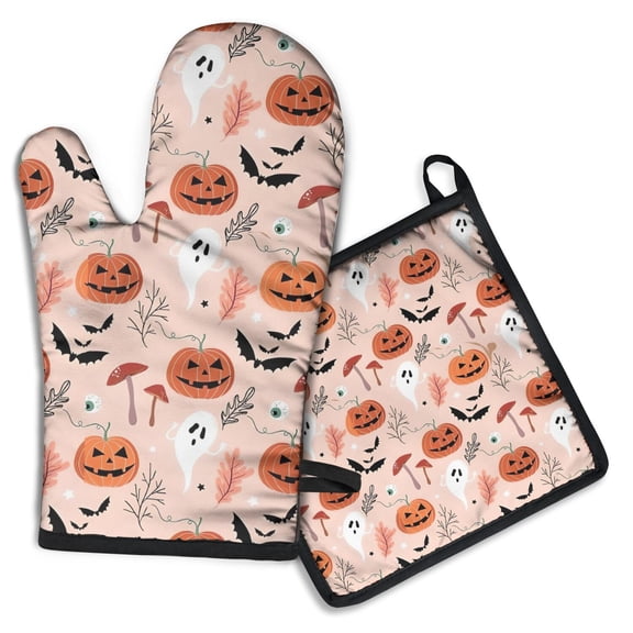 Halloween Cute Icons on Pink Pattern Kitchen Oven Mitt and Pot Holder Sets 2 Pcs for Baking, Cooking and Grilling, Heat Resistant Up To 392 °F