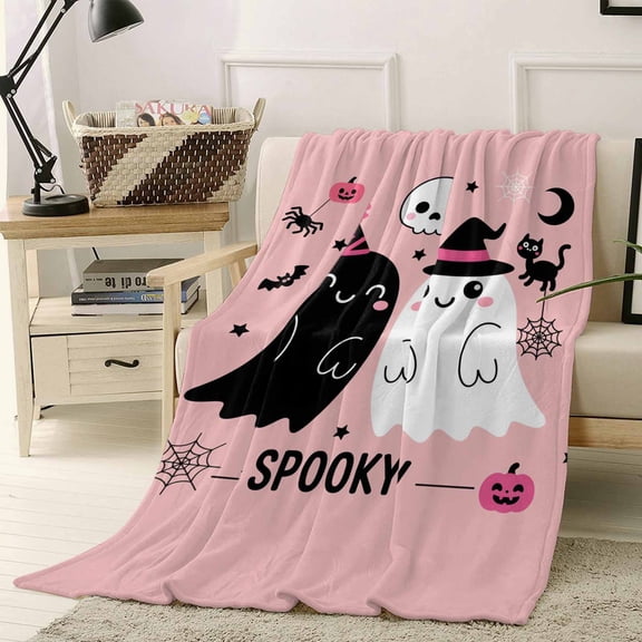 Halloween Cute Pink Black Spooky Ghost Skeleton Bug Cowweb Throw Flannel Blanket 40x60In Super Soft Cozy Bed Blanket, Lightweight Plush Fuzzy Bed Throw for Bedroom Sofa Couch Living Room