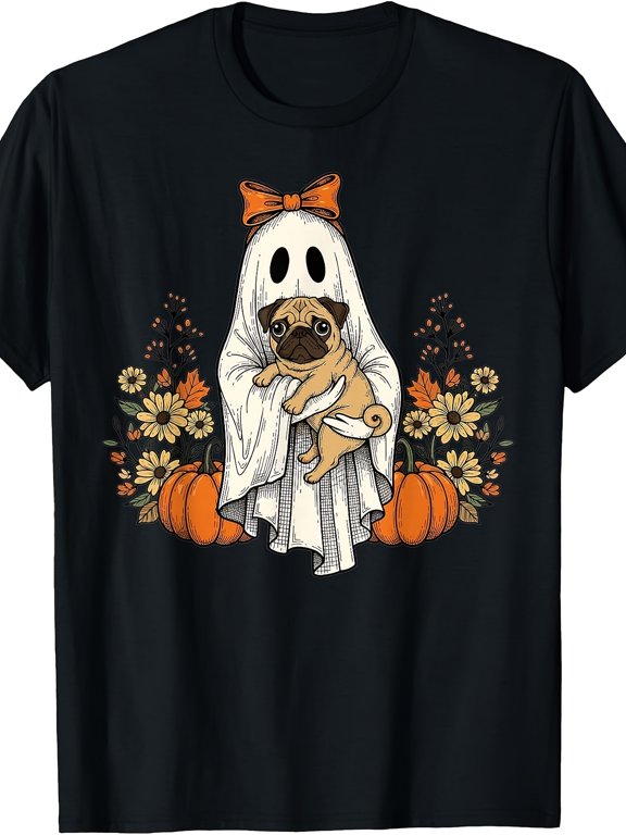 Halloween Cute Pug In Ghost Sheet With Orange Bow And Autumn Flowers Pumpkins Holiday Vintage Grunge Y2K Graphic Short Sleeves Crewneck Cotton Unisex Men's Women's Tee Shirt