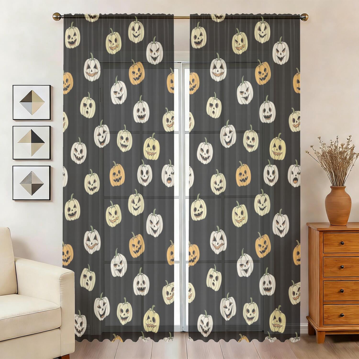 Halloween Cute Pumpkins Pattern Sheer Curtains, Rod Pocket Sheer Drapes ...