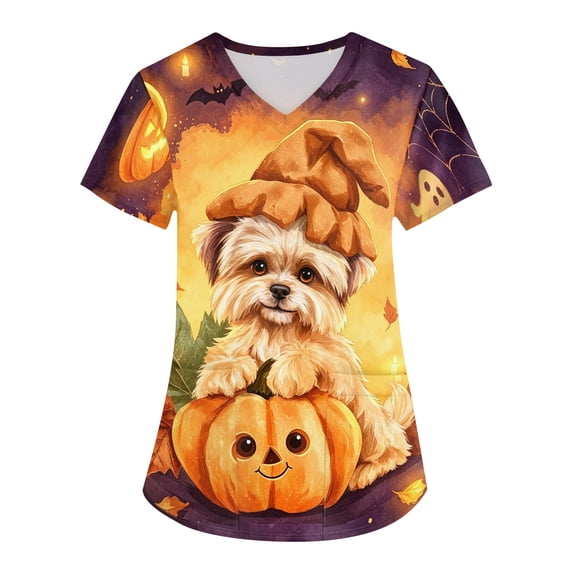 Halloween Cute Puppy in Pumpkin Scrub Top for Women, 1-Pc V-Neck Short Sleeve Medical Uniform with Double Pockets — Soft Polyester Nurse Workwear Fall Healthcare Fashion Gold L