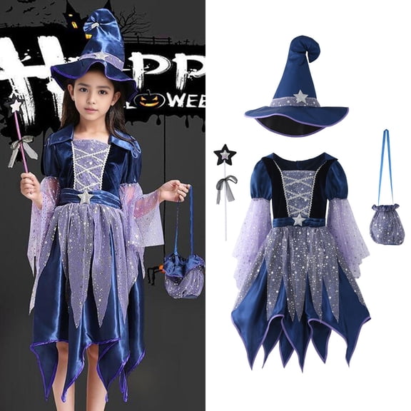 Halloween Cute Purple Witch Costume Set for Toddler Girls, Bat Outfit Dress with Witch Hat & Magic Broom