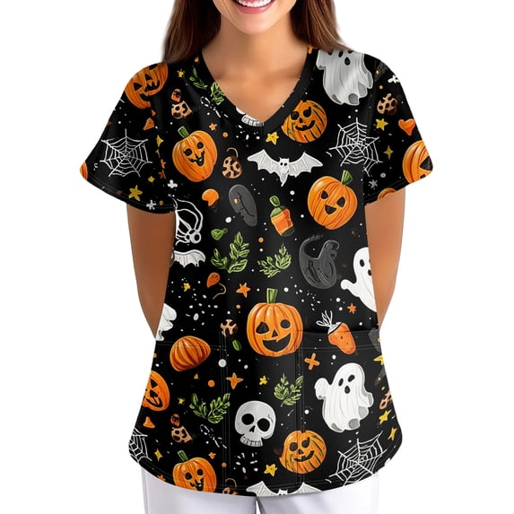 Halloween Cute Scrubs Tops for Womens Stretchy Short Sleeve V Neck Cartoon Print Pattern Nursing Working Uniform Caregiver Top 02-Navy-4XL