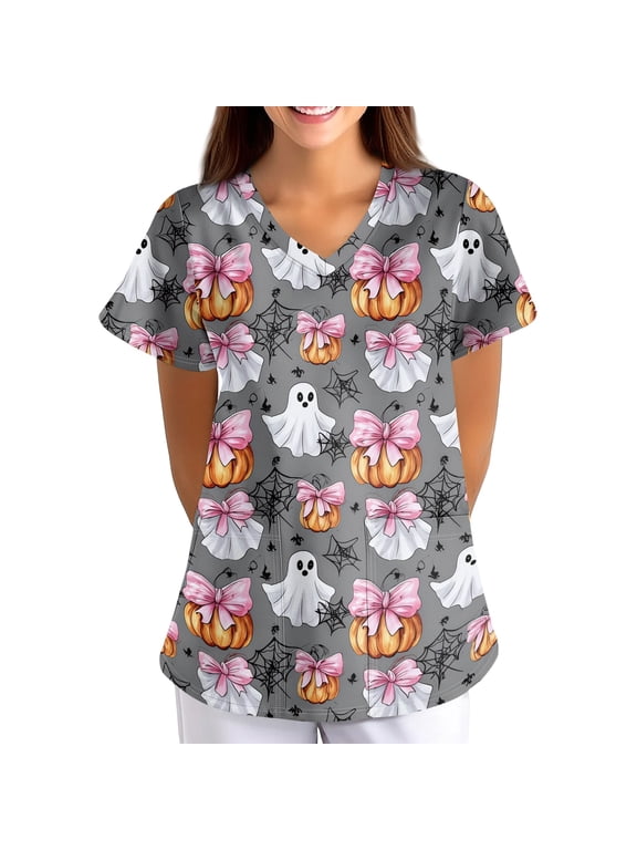Halloween Cute Scrubs Tops for Womens Stretchy Short Sleeve V Neck Cartoon Print Pattern Nursing Working Uniform Caregiver Top 03-Khaki-L
