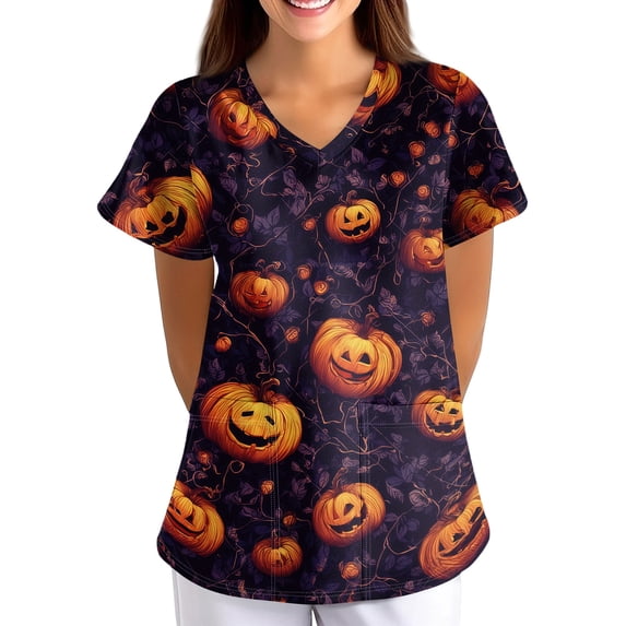 Halloween Cute Scrubs Tops for Womens Stretchy Short Sleeve V Neck Cartoon Print Pattern Nursing Working Uniform Caregiver Top 03-Purple-4XL