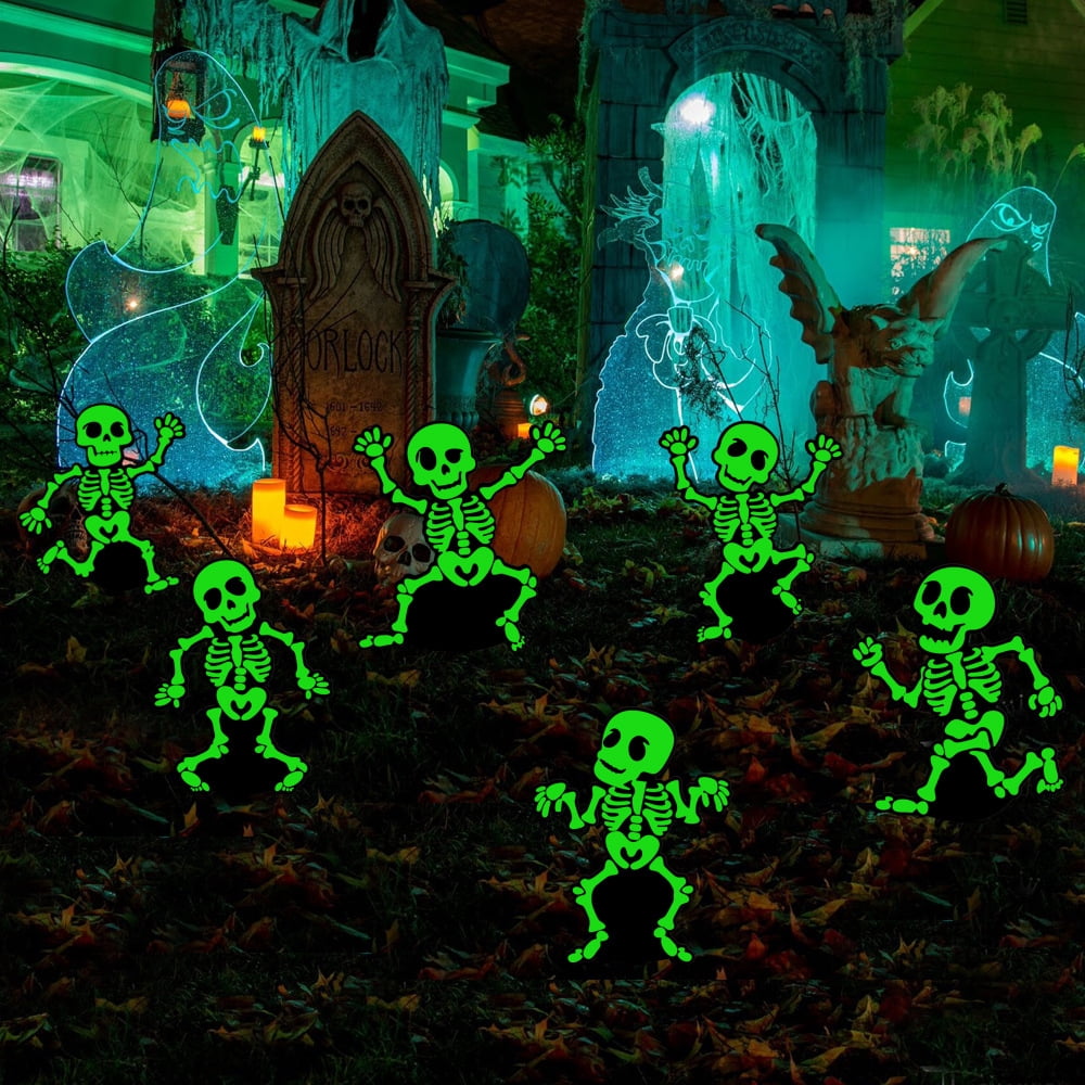 Halloween Cute Skeleton Yard Sign,6 Peice Glow in The Dark Skeleton ...