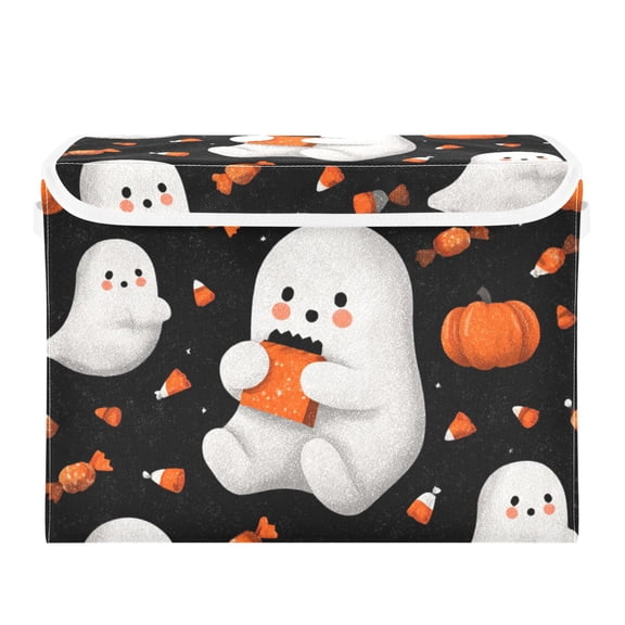 Halloween Cute Specters Eating Candy Pumpkins Foldable Storage Bins with Lids Handles Collapsible Storage Containers Tote Boxes 16.5 x 12.6 x 11.8 inches