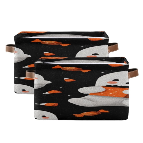 Halloween Cute Specters Eating Candy Pumpkins Square Storage Bins with Handles Collapsible Containing Box 2 Packs