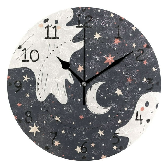 Halloween Cute Specters Moon Stars Round Wall Clock Silent Analog Battery Operated Black Pointer Home Decor 9.84" Diameter