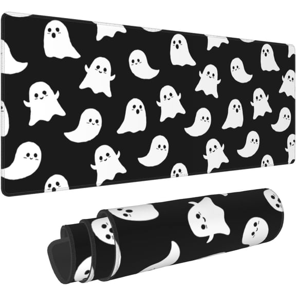 Halloween Cute Spooky Mouse Pad 31.5x11.8 XL Black White Kawaii Cartoon Ghost Extended Mousepad Large Keyboard Mouse Mat Desk Pad with Non-Slip Rubber Base Stitched Edges for Home Office Game