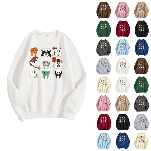 Halloween Cute Sweatshirts for Women 2025 Long Sleeve Crewneck Cute Tooth Graphic Sweatshirt Pullover Tops