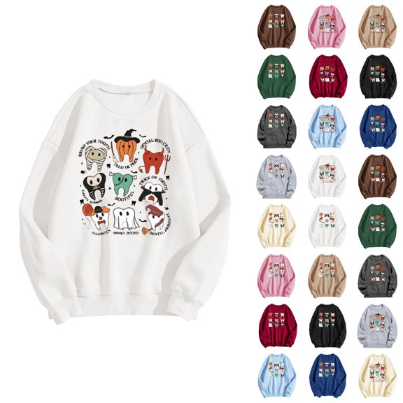 Halloween Cute Sweatshirts for Women 2025 Long Sleeve Crewneck Cute Tooth Graphic Sweatshirt Pullover Tops