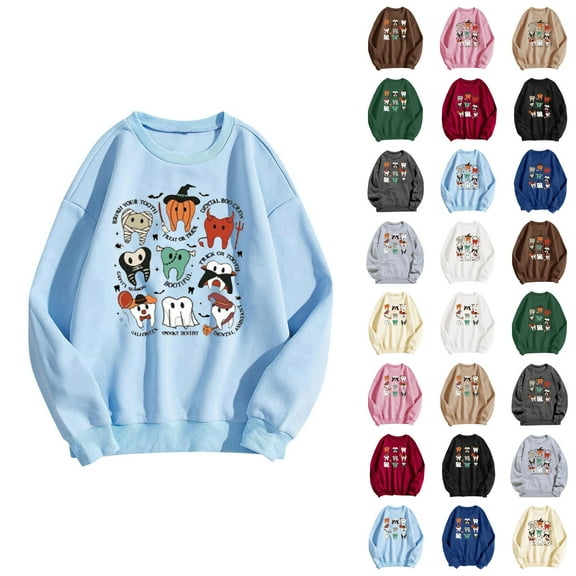 Halloween Cute Sweatshirts for Women 2025 Long Sleeve Crewneck Cute Tooth Graphic Sweatshirt Pullover Tops