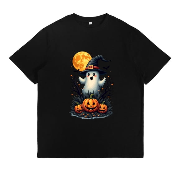 Halloween Cute Tee Ghost Witch Hat Pumpkin Moon T Shirt Tees Playful Spooky Tops Cotton Casual Black S-5XL