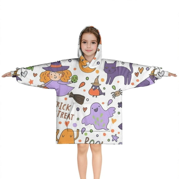 Halloween Cute Trick or Treat Characters Blanket Hoodies for Kids 6-13YR Oversize Wearable Blanket Hoodies for Boys Girls Teens