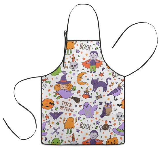 Halloween Cute Trick or Treat Characters Kids Aprons for Girls and Boys,Adjustable Neck Strap Toddler Aprons for Kids Cooking Baking,23.6"x19"