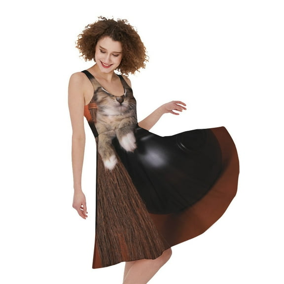 Halloween Cute Witch Cat Print Sleeveless Knee Length Dress, Pet Cat Fashion Summer Maxi Dress For Women