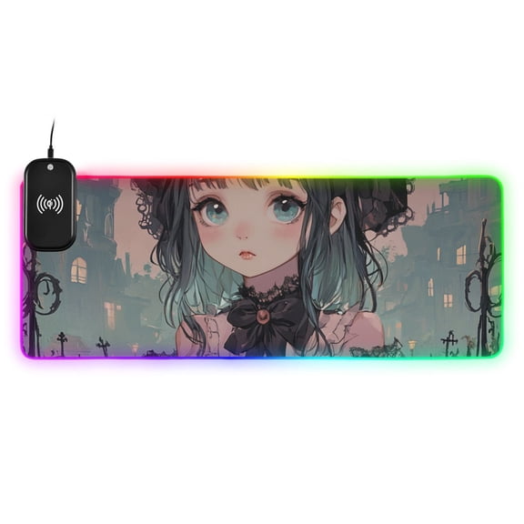 Halloween Cute Witch and Pumpkin Wireless Charging RGB Gaming Mouse Pad Large Keyboard Mat Rubber Base 13 Light Modes