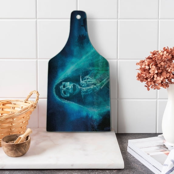 Halloween Cutting Board, Gothic Dark Backdrop a Dead Ghost Skull Haunted Horror Themed Digital Art, Decorative Tempered Glass Cutting and Serving Board, Wine Bottle Shape, Blue, by Ambesonne