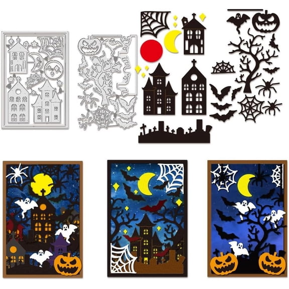 Halloween Cutting Dies Set Castle Spider Bat Pumpkin Pattern Embossing Dies for DIY Scrapbooking Photo Album Decorative Embossing 0.8mm Thick
