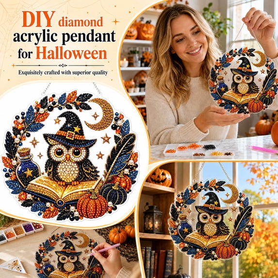 Halloween DIY Acrylic Pendant Diamond Painting Kit, 3D Owl Witch Hat Moon Pumpkin Book Gem Art Craft for Adults, Seasonal Fall Home Wall Decor Gift