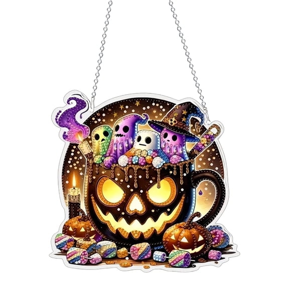 Halloween DIY Acrylic Rhinestone Hanging Sign, Complete Full Diamond Painting Kit, Sparkle Multi Shape Rhinestones, Easy Craft Window Wall Ornament For Party Home Holiday Decor