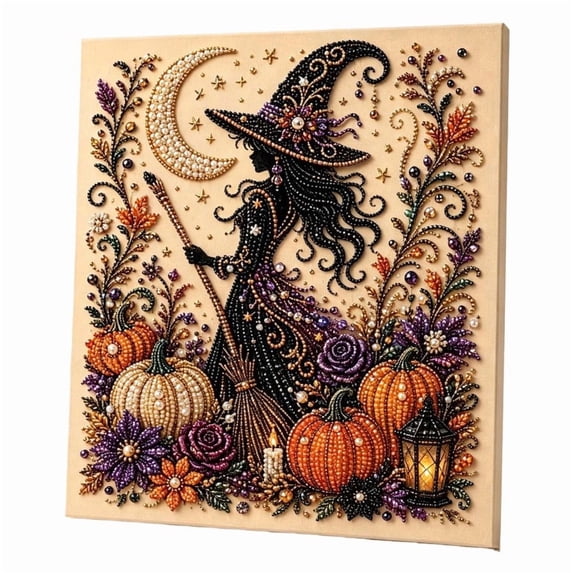 Halloween DIY Bead Art Kit With Frame, Diamond Painting Set for Fall Indoor Wall Decor, Craft Supplies for Adults Kids & Holiday Party Activities