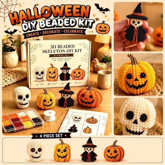 Halloween DIY Bead Kit, 3D Beaded Pumpkin Ghost Skeleton Set, Bead Embroidery Craft Kit for Adults, Handmade Halloween Ornament Making Kit for Home Decor (Halloween SetC)