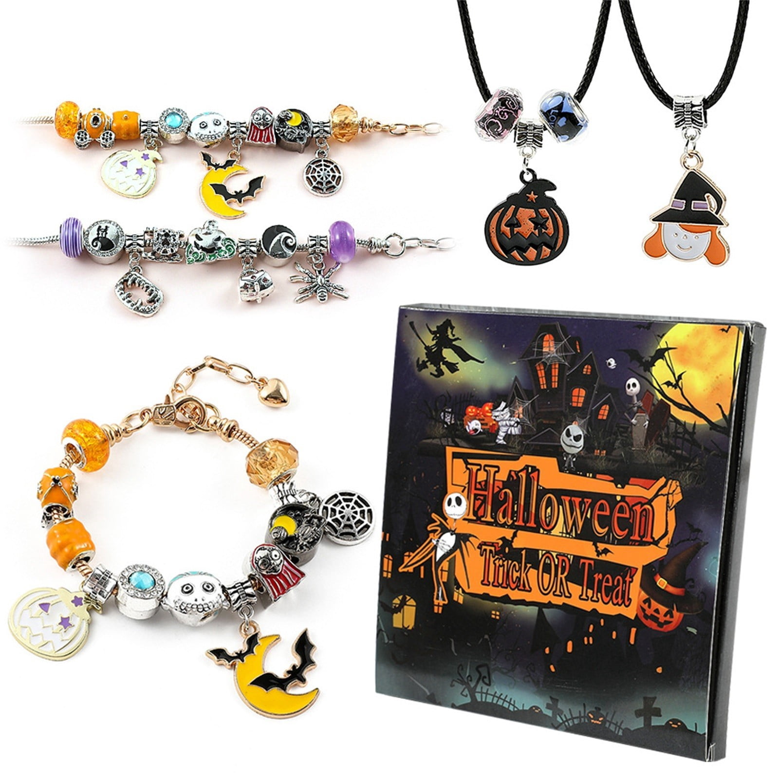Halloween DIY Beaded Bracelet Kit with 20 Random Halloween-Themed Charms, 3 Adjustable Chains, Acrylic Beads Jewelry Making Kit for , Creative Handmade Holiday Craft Set, Halloween Party Favor Gift