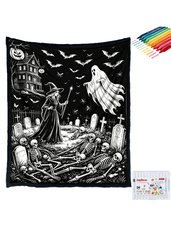 Halloween DIY Coloring Blanket for Adults with 24 Washable Markers, 50x60 Inch Personalized Soft Fuzzy Velvet Blanket for Coloring, Creative Gift for Bed, Couch, Home Decor(RL)