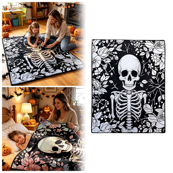 Halloween DIY Coloring Blanket for Adults & Kids - 59" x 50" Washable Skeleton Skull Doodle Mat with Assorted Patterns, Reusable Soft Polyester Art Blanket for Holiday Party Decor