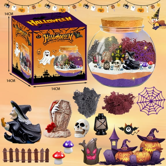 Halloween DIY Craft Kit, Kids Holiday Decoration, Spooky Microlandscape with Pumpkins Ghosts Witches Skeletons Spiderwebs, Multicolor Plastic 13x12cm