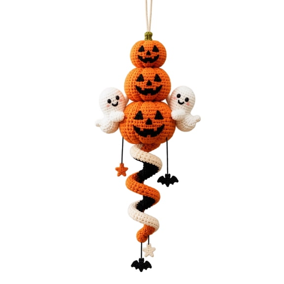 Halloween DIY Crochet Kit Stacked Pumpkin Wind Spinner Decor,Handmade Yarn Craft With Ghost Jack O Lantern Bats Stars Orange,Spooky Home Porch Front Door Wall Hanging Ornament Supply Kit
