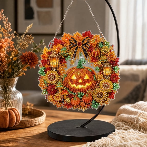 Halloween DIY Diamond Art Hanging Wreath, Wooden Handmade Wall Ornament, Sparkling Front Door Window Porch Holiday Party Decor Gift,Orange