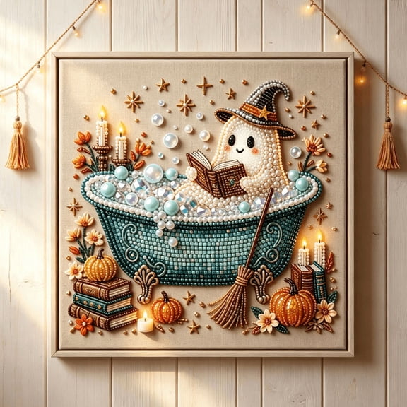 Halloween DIY Diamond Pearl Art Kit, Beginner-Friendly Festive Craft Set, Suitable for Crafters of All Skill Levels to Create Holiday Artwork,Witch Bath Ghost