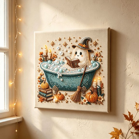 Halloween DIY Diamond Pearl Art Kit, Unique Holiday Keepsake Craft Project, Ideal for Making Personalized Halloween Decor to Keep for Years,Witch Bath Ghost