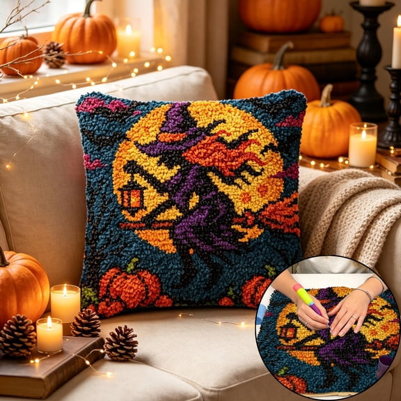 Halloween DIY Embroidered Pillow Kit, Half Cross Stitch Kit for Adults, Preprinted Canvas Needlework Cushion Cover, 16.93x16.93 in Sofa Decor