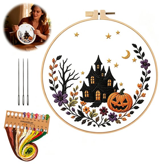 Halloween DIY Embroidery Kit, Hand Embroidery Starter Set, Witch Hat Embroidery Pattern, Halloween Fabric Art Kit, Embroidery Hoop Craft Set, Theme Sewing Kit, Complete Craft Supplies