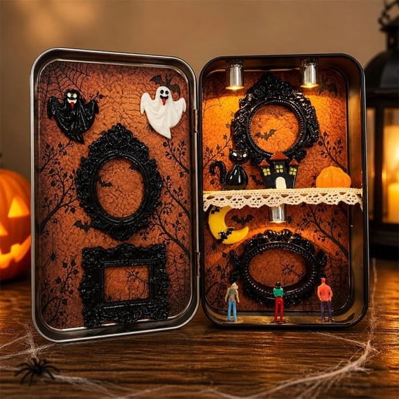 Halloween DIY Mini Museum Shadow Box Display Case, Spooky Silhouette Frame with Ghost & Black Cat Figurines, 4 Mini Frames & 3 Sculptures, Personalized Memory Decor (Black)