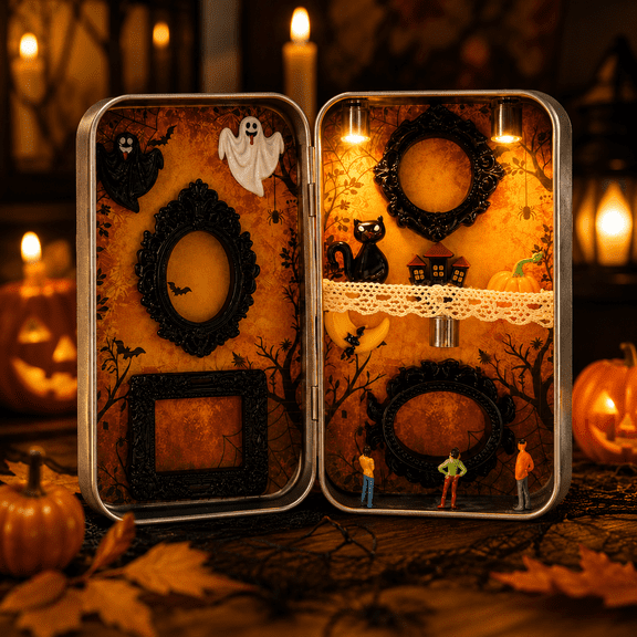 Halloween DIY Mini Museum Shadow Box, Lighted Silhouette Diorama Display Case with Ghost Cat Pumpkin Decor for Desk, Shelf, Mantel, Goth Room
