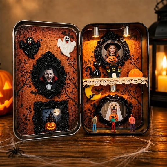 Halloween DIY Mini Museum Silhouette Box, Shadow Box Frame Display Case, Halloween Personalized Photo Shadow Boxes Display for Him & Her (Orange)