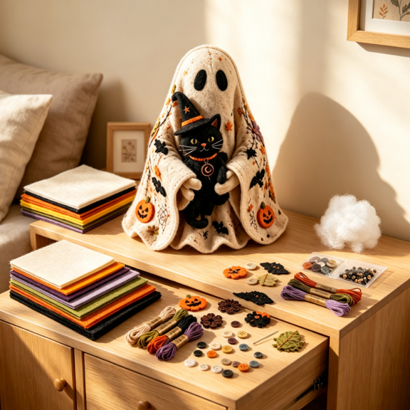 Halloween DIY Patchwork Ghost Craft Kit, Cute Spooky Themed Sewing Project Set, Adorable Halloween Home Decor Project for Creative Hobbyists (Cat Ghost)