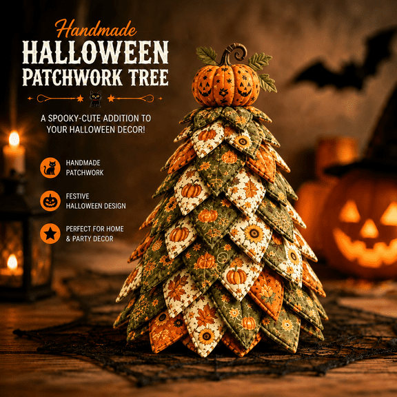 Halloween DIY Quilted Tree Kit, 3.94X11.91in Halloween Decor DIY Quilted Tree Kit with Cute Pumpkin and Ghost Patterns Featuring Classic Patchwork Design and Warm Textures