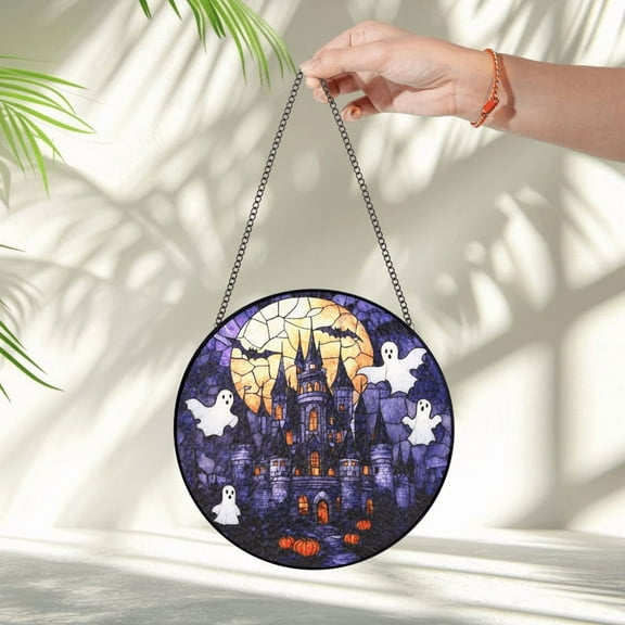 Halloween DNland Castle Stained Glass Suncatcher, Spooky DN Window Decor