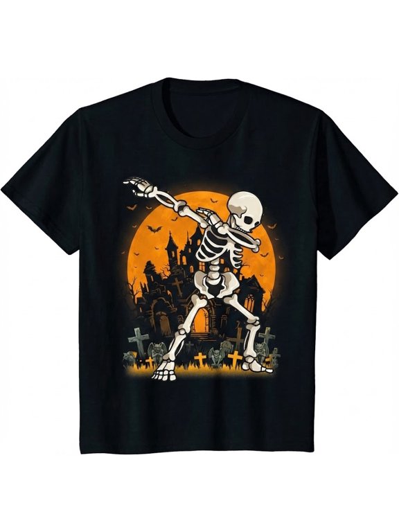 Halloween Dabbing Skeleton Moon Funny Black T-shirt, Idea Gift